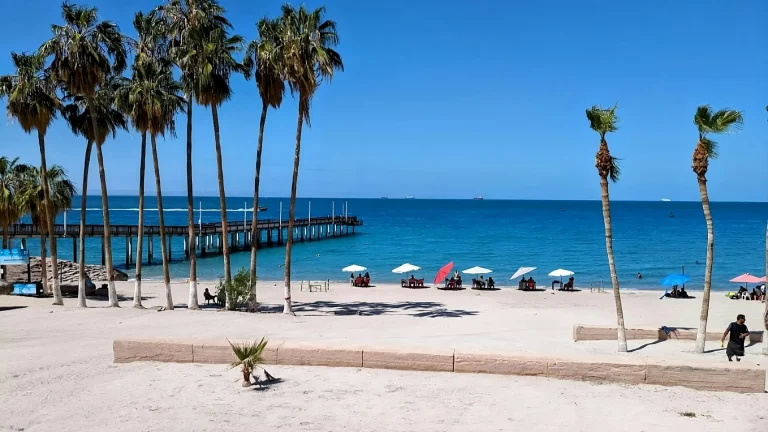Playa con palmeras, sombrillas y muelle en La Paz, Baja California Sur